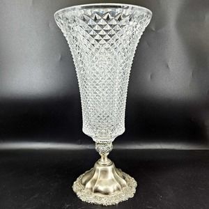 Vintage silver plated floral base diamond cut glass heavy ornate vase, 12"